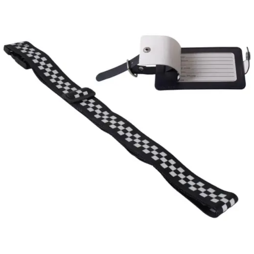 Checkered Luggage Strap & Tag Black-White Open